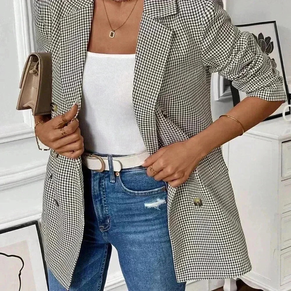 Coffee Brown Casual Women's Turndown Collar Long Sleeve & Versatile Plaid Blazer - Picture 5 of 6